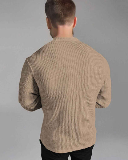 Men Full Sleeve Beige Double Pocket Waffle Textured Shirt