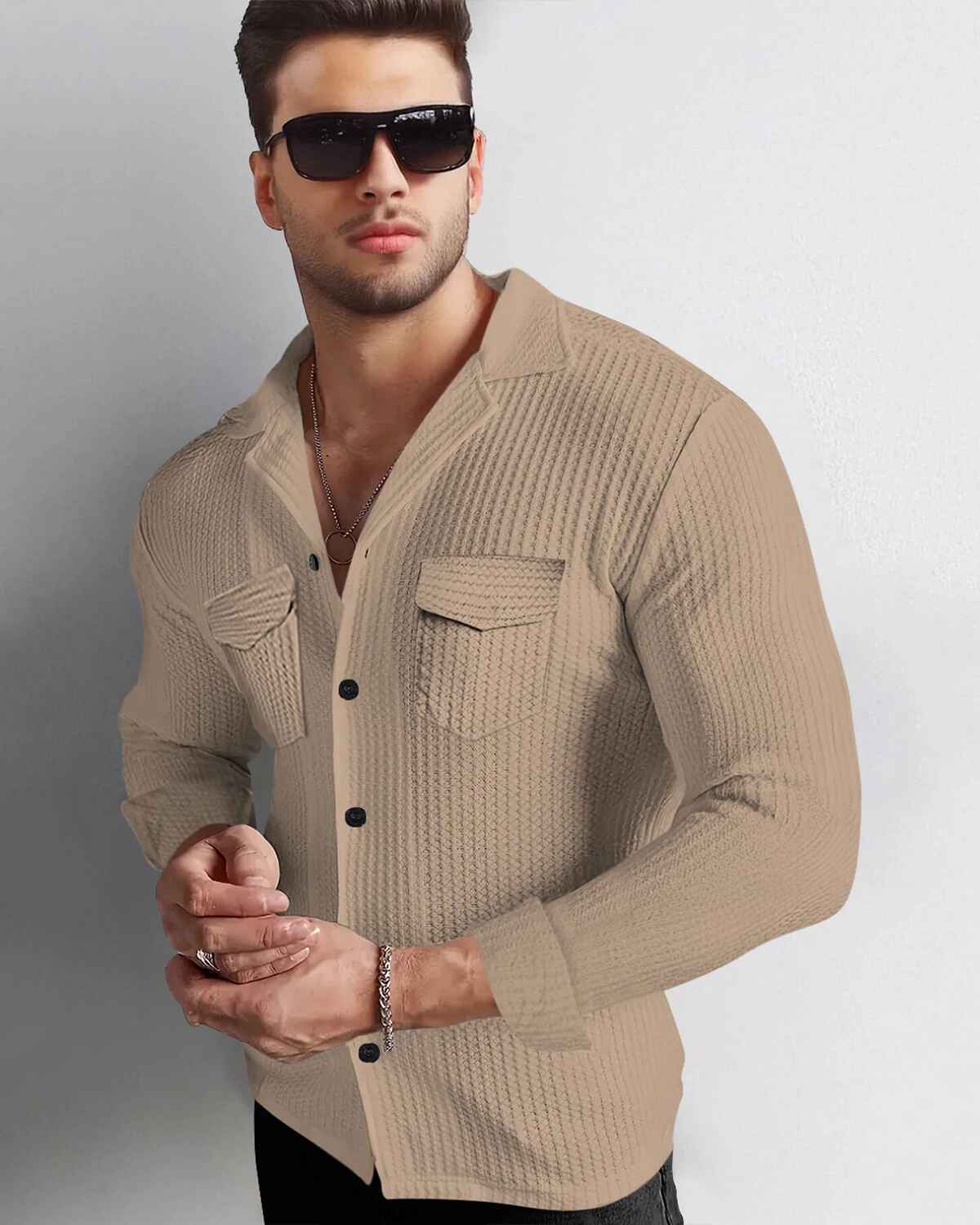 Men Full Sleeve Beige Double Pocket Waffle Textured Shirt