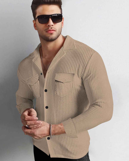 Men Full Sleeve Beige Double Pocket Waffle Textured Shirt