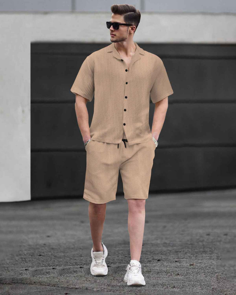 WAFFLE PLAIN TEXTURED SHIRT WITH SHORT / BEIGE
