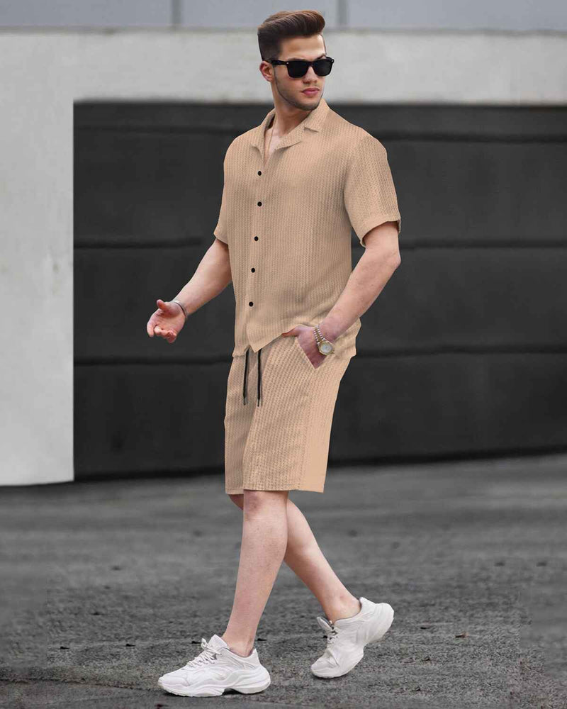 WAFFLE PLAIN TEXTURED SHIRT WITH SHORT / BEIGE