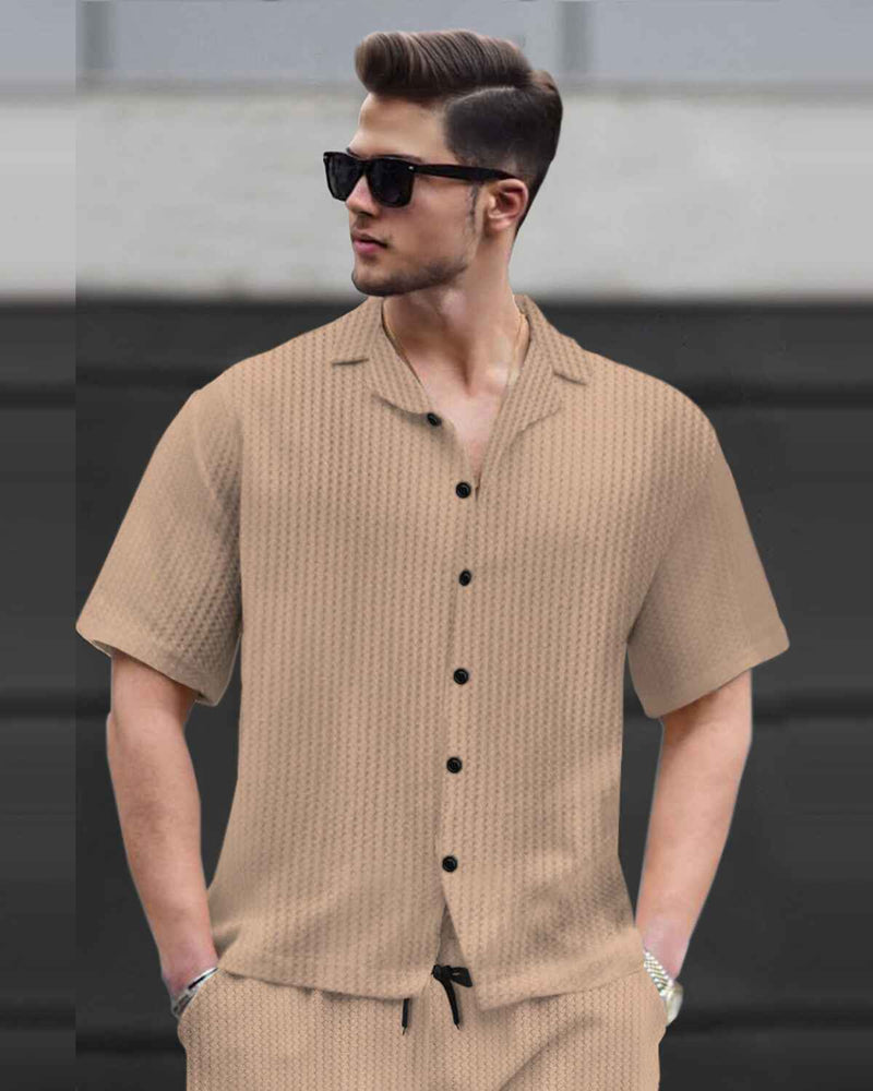 WAFFLE PLAIN TEXTURED SHIRT WITH SHORT / BEIGE