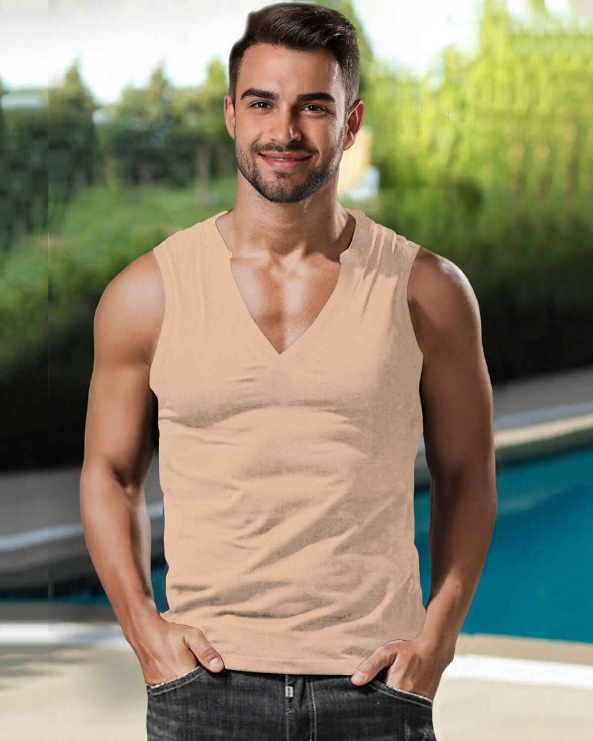 Men  V-neck Plain Beige Vest