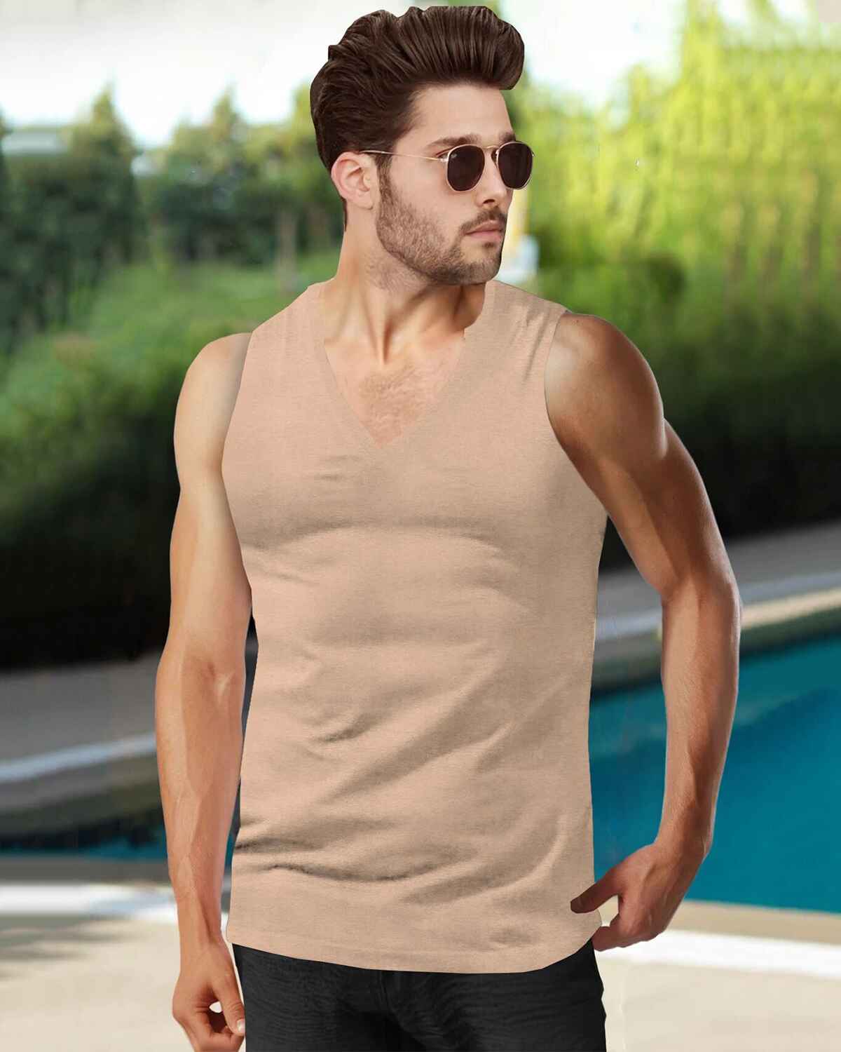 Men  V-neck Plain Beige Vest