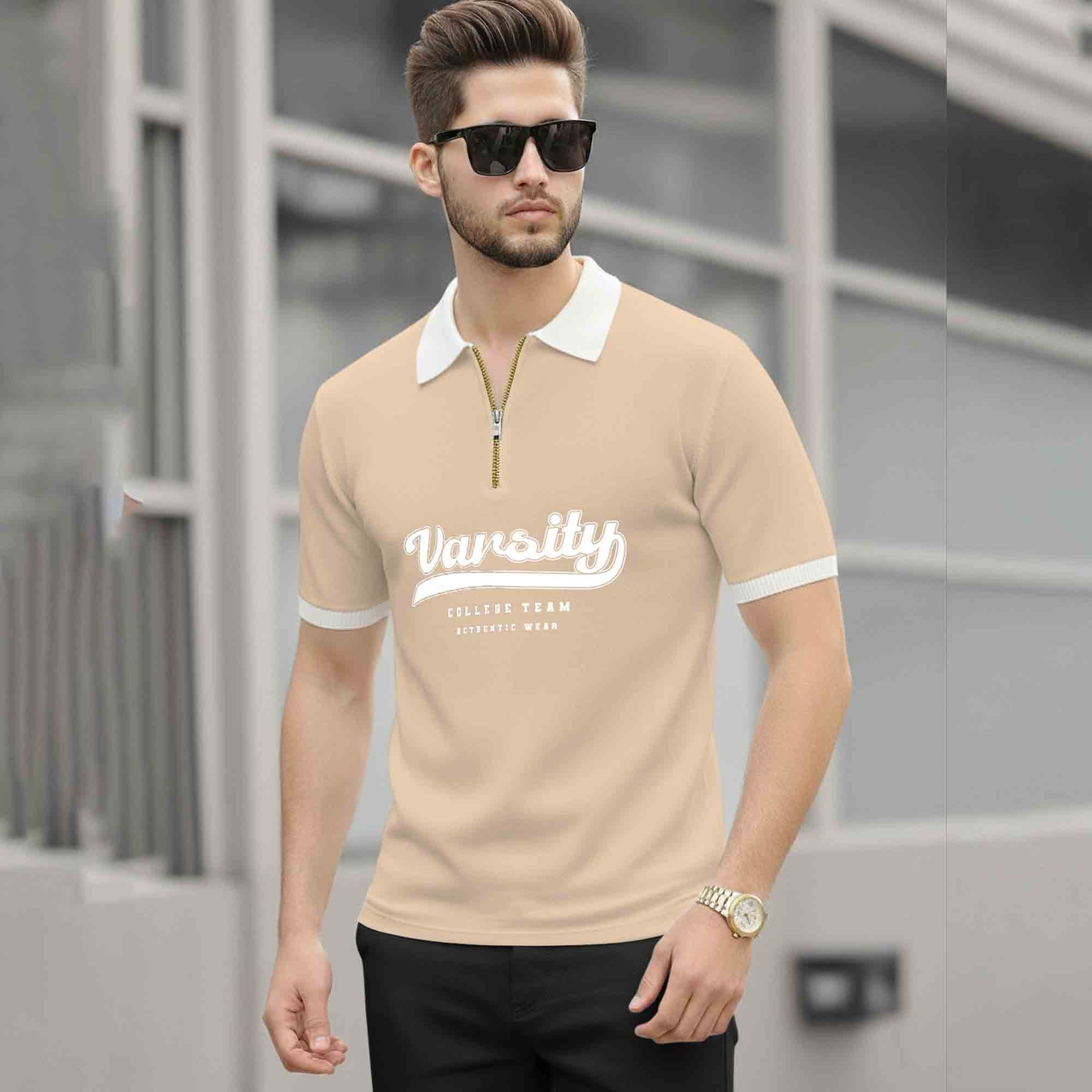 Men Colorblock Quarter Zip Polo Neck Half Sleeve T-shirt Beige