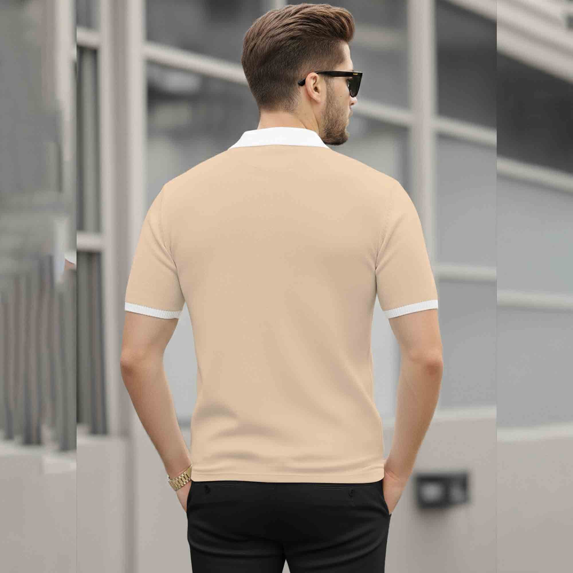 Men Colorblock Quarter Zip Polo Neck Half Sleeve T-shirt Beige