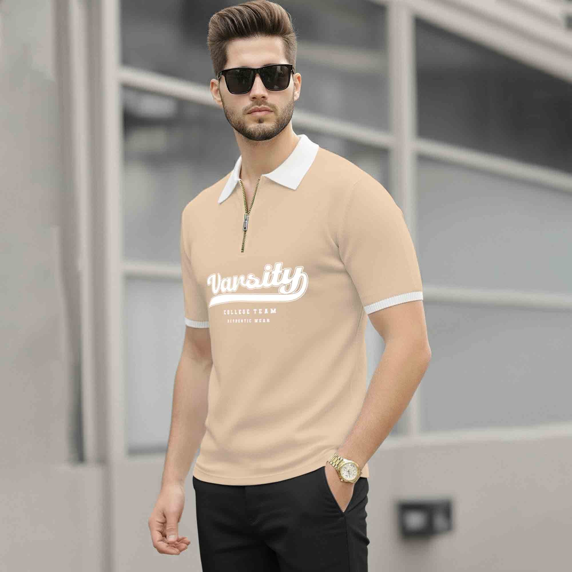 Men Colorblock Quarter Zip Polo Neck Half Sleeve T-shirt Beige