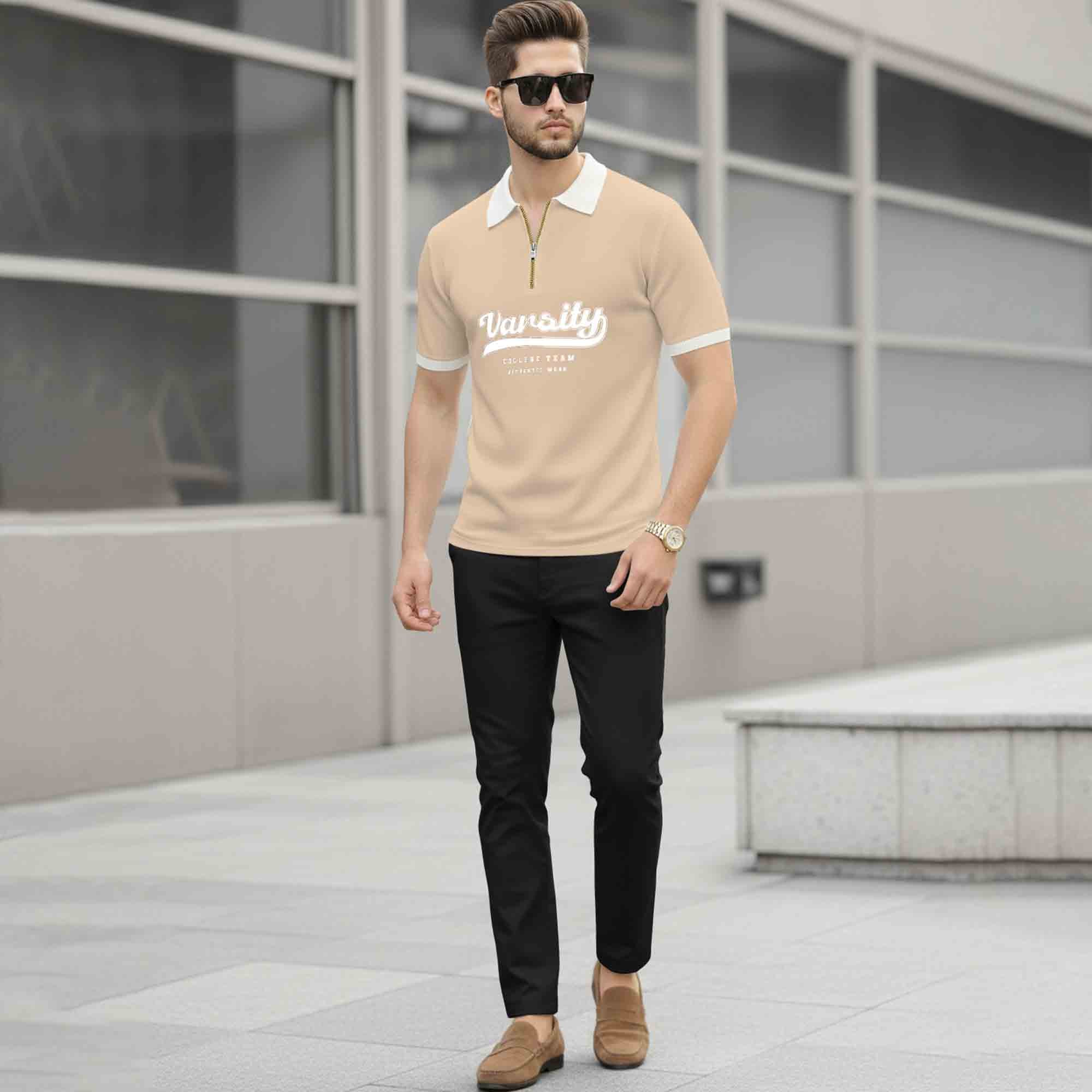 Men Colorblock Quarter Zip Polo Neck Half Sleeve T-shirt Beige