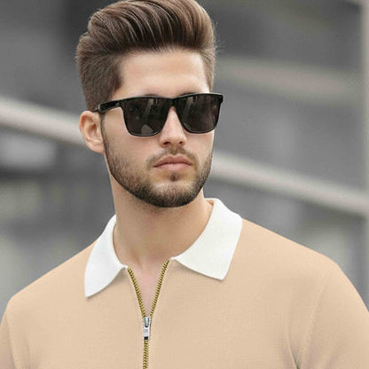 Men Colorblock Quarter Zip Polo Neck Half Sleeve T-shirt Beige