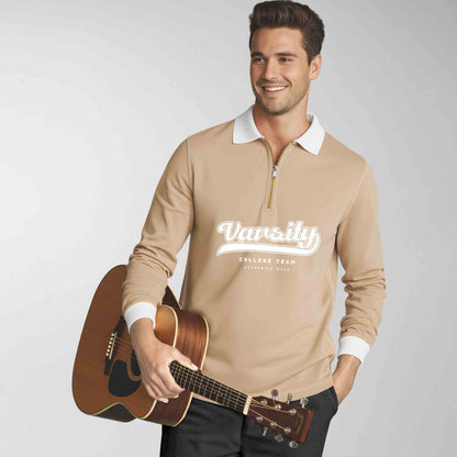 Men Colorblock Quarter Zip Polo Neck Full Sleeve T-shirt Beige