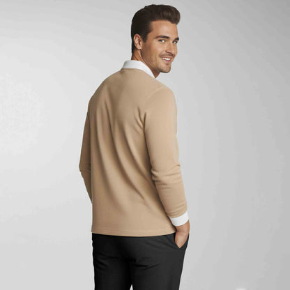 Men Colorblock Quarter Zip Polo Neck Full Sleeve T-shirt Beige