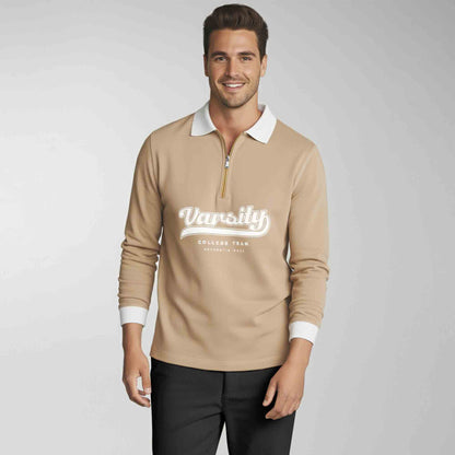 Men Colorblock Quarter Zip Polo Neck Full Sleeve T-shirt Beige