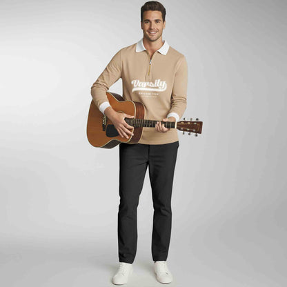 Men Colorblock Quarter Zip Polo Neck Full Sleeve T-shirt Beige