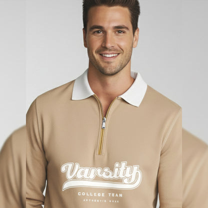 Men Colorblock Quarter Zip Polo Neck Full Sleeve T-shirt Beige