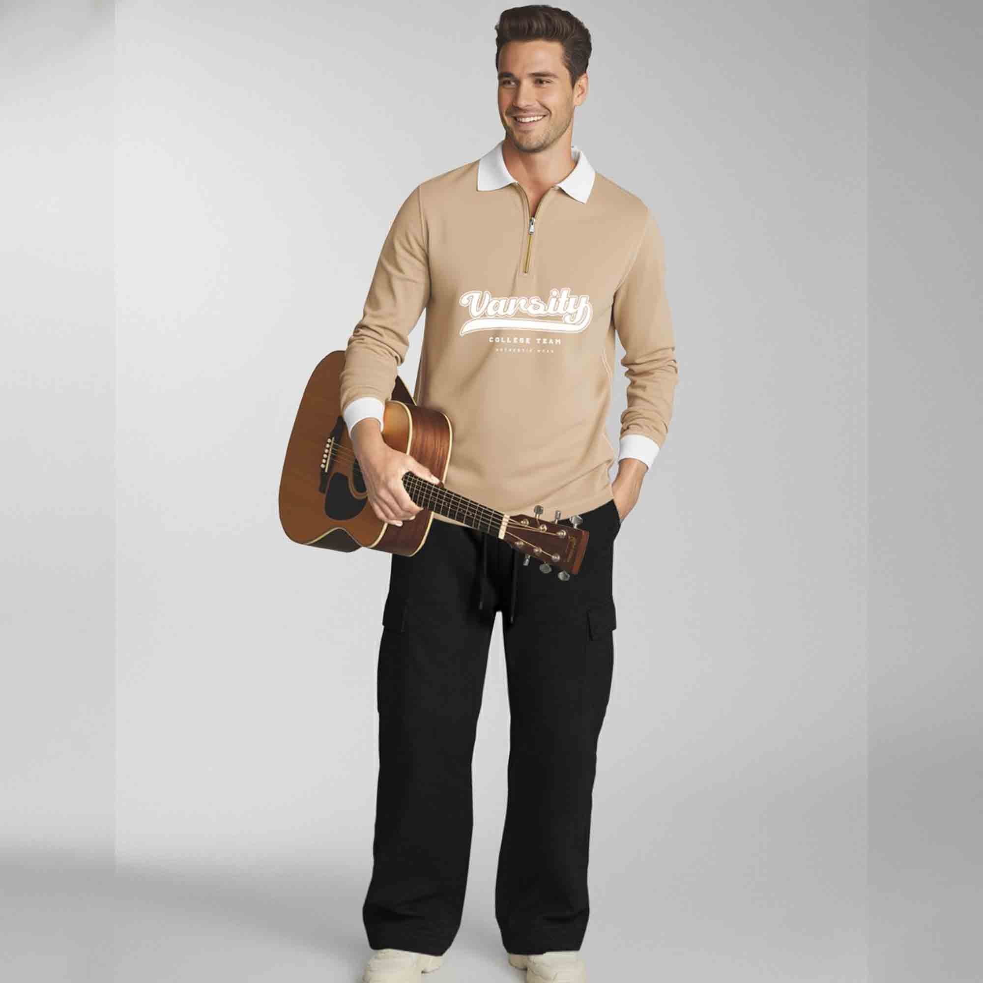 Out Fit Set Beige Polo Tshirt & Black Cargo Baggy Pant