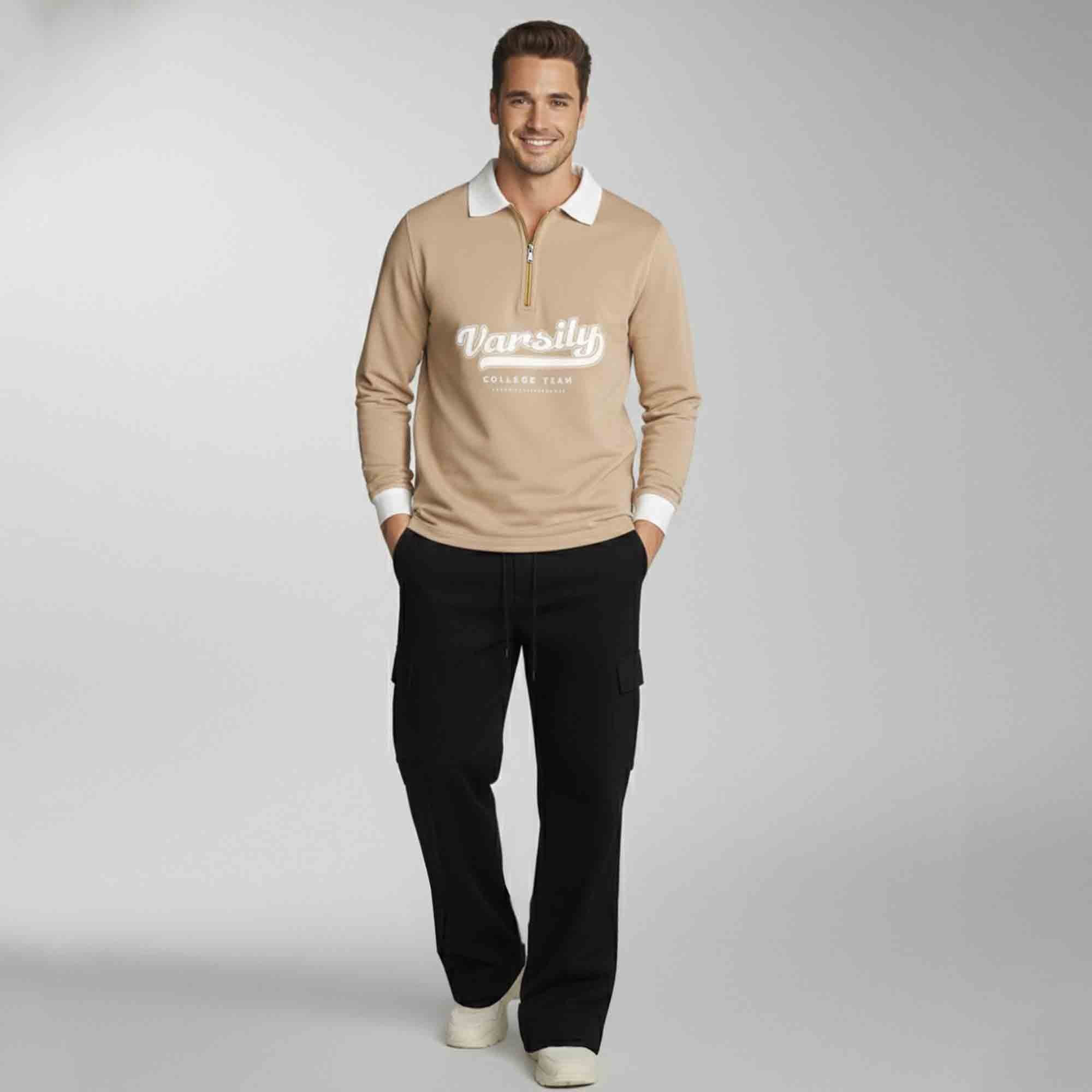 Out Fit Set Beige Polo Tshirt & Black Cargo Baggy Pant