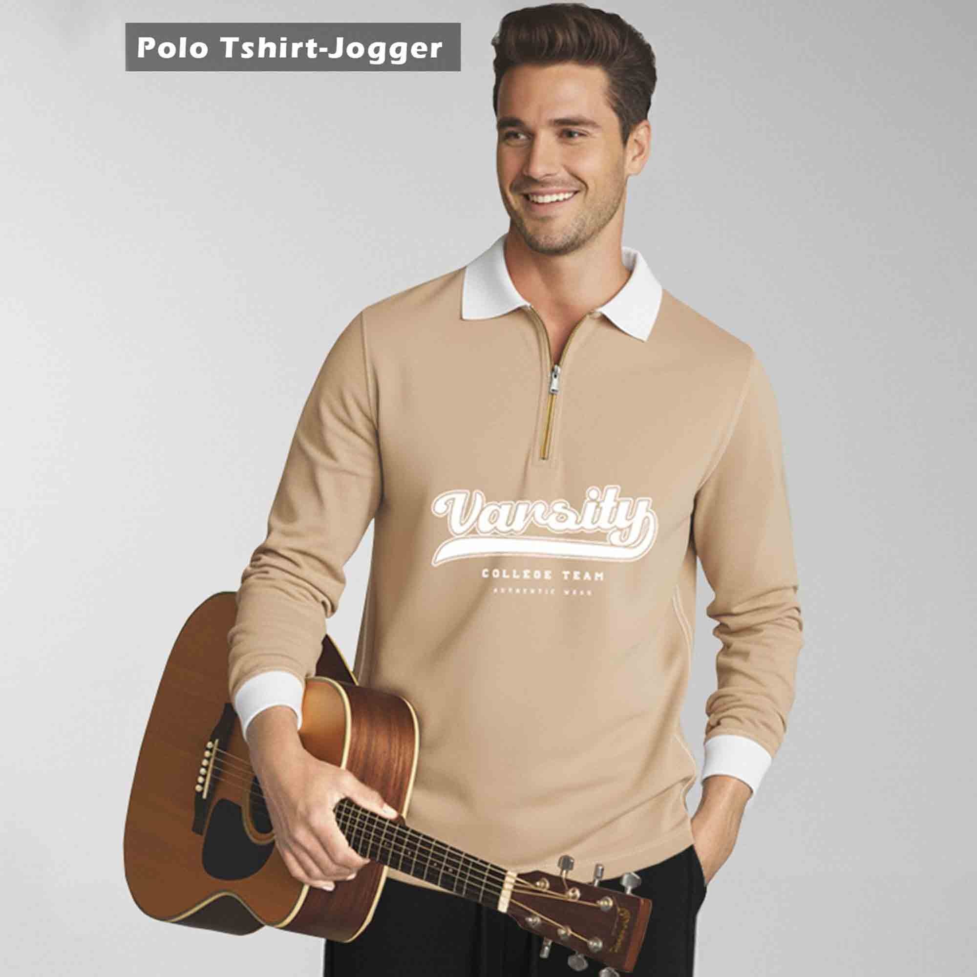 Out Fit Set Beige Polo Tshirt & Black Cargo Baggy Pant