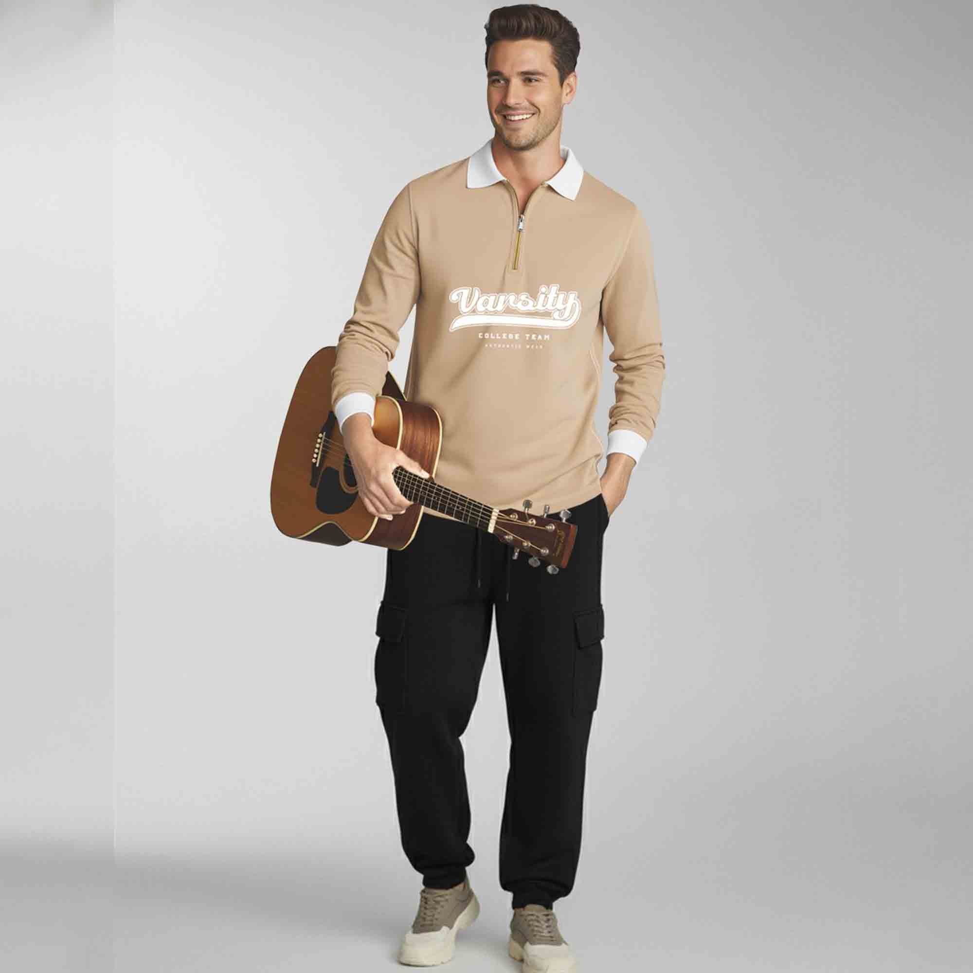 Out Fit Set Beige Polo Tshirt & Black Plain Cargo Jogger