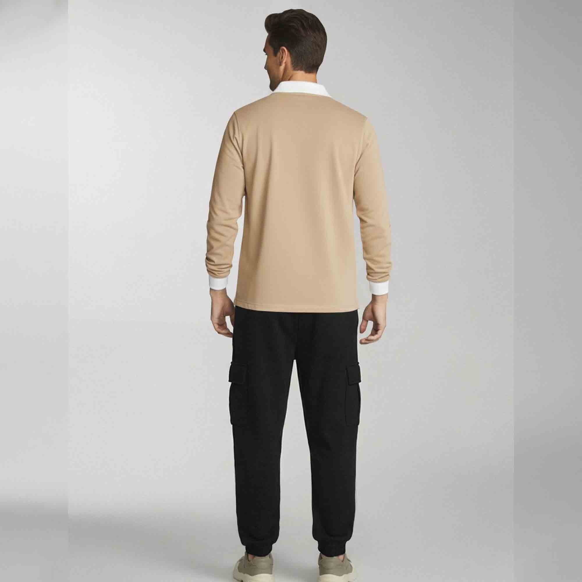 Out Fit Set Beige Polo Tshirt & Black Plain Cargo Jogger