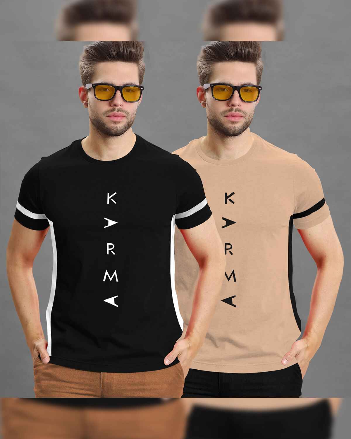 (Pack Of 2) Half Sleeve Black & Beige Karma Printed T-shirts
