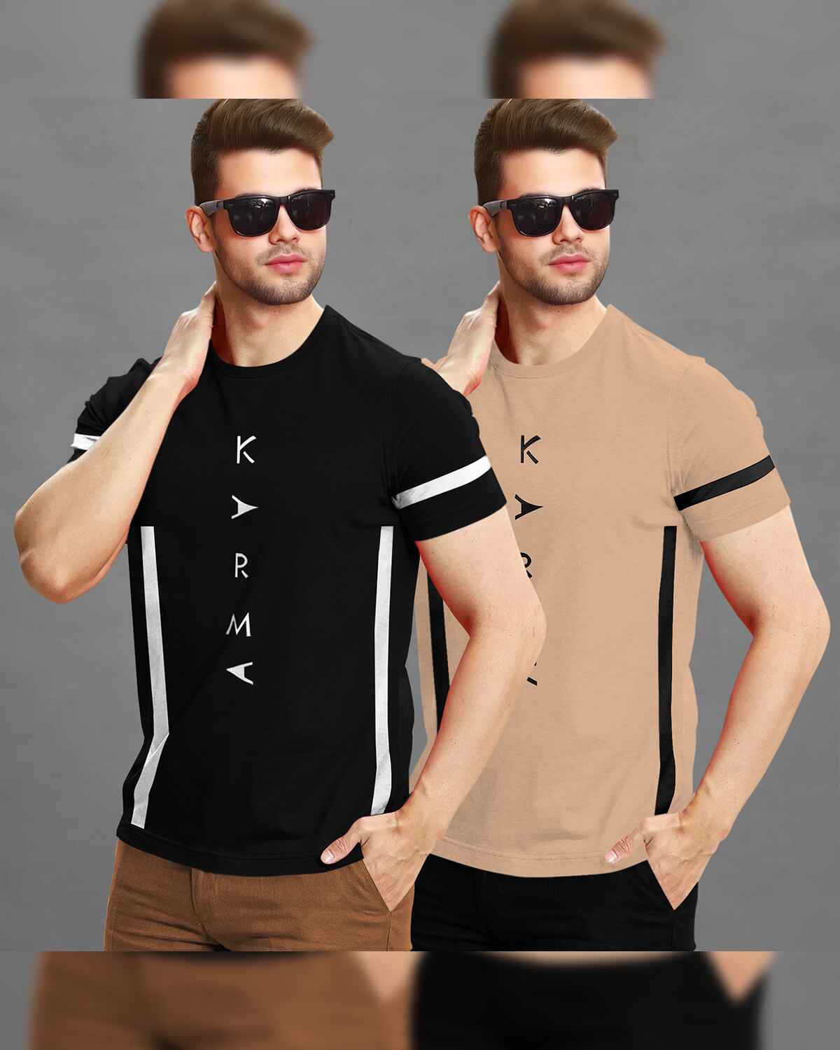 (Pack Of 2) Half Sleeve Black & Beige Karma Printed T-shirts
