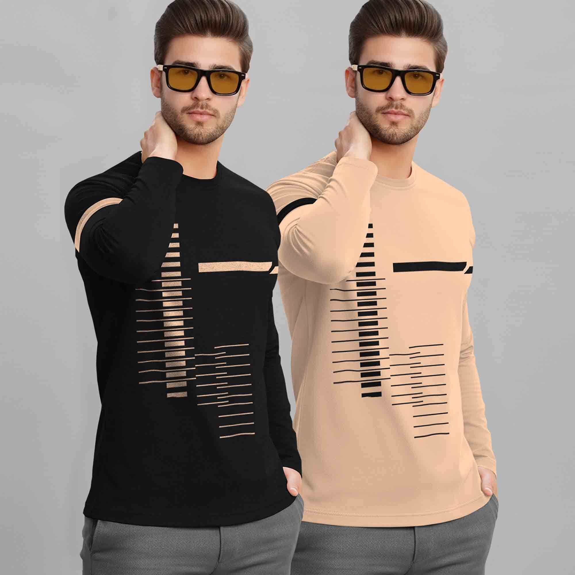 (Pack Of 2) Full Sleeve Round Neck Printed T-shirts Black & Beige