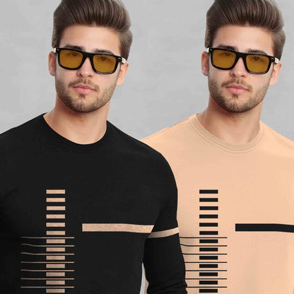 (Pack Of 2) Full Sleeve Round Neck Printed T-shirts Black & Beige