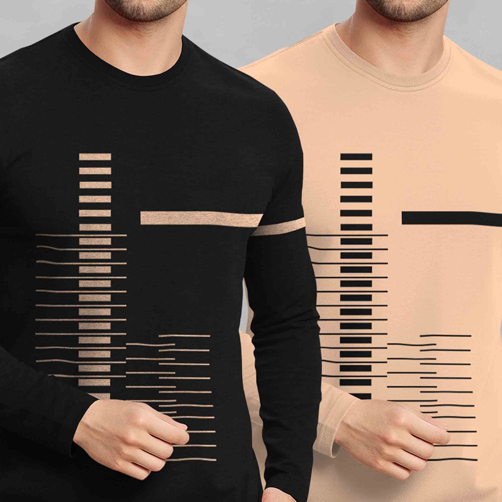 (Pack Of 2) Full Sleeve Round Neck Printed T-shirts Black & Beige