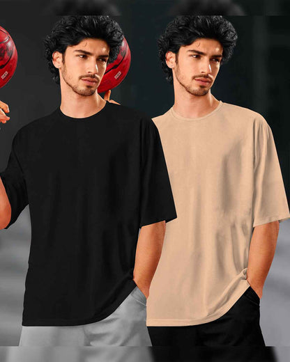 (Pack Of 2) Black & Beige Men Plain Oversized T-shirts