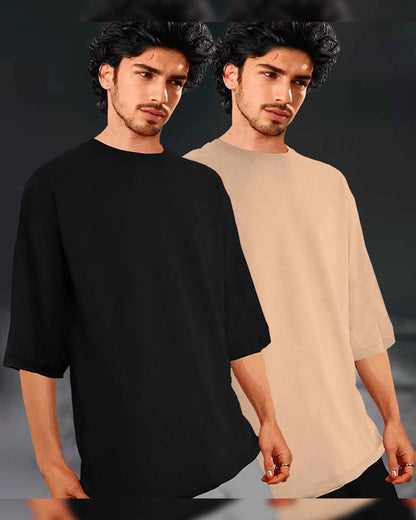 (Pack Of 2) Black & Beige Men Plain Oversized T-shirts