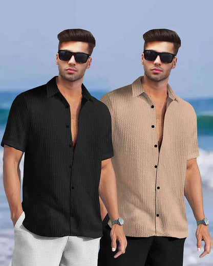 (Pack Of 2) Half Sleeve Plain Black & Beige Waffle Shirts