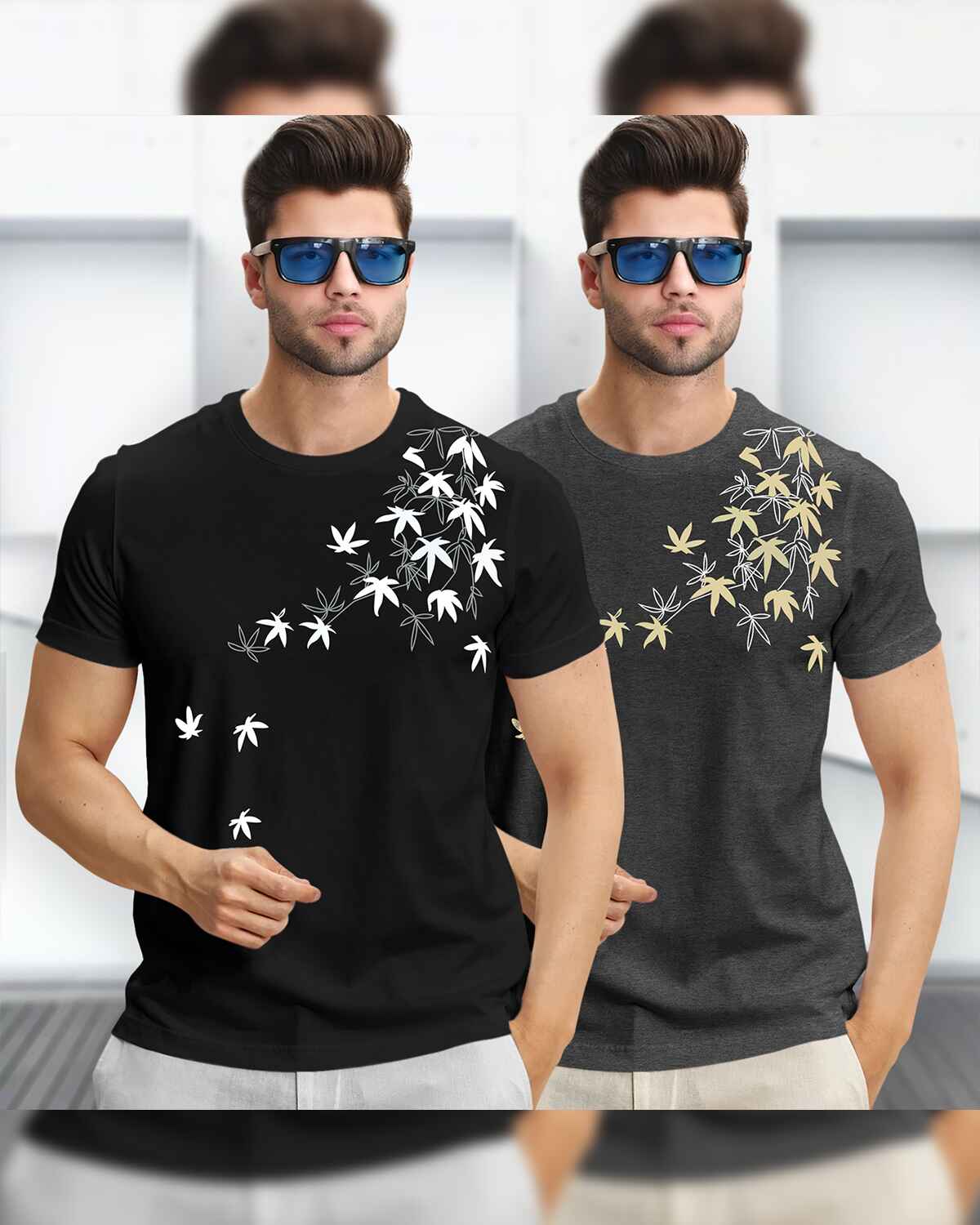 (Pack Of 2) Hlaf Sleeve Floral Printed T-shirts / Black & Charcoal Black