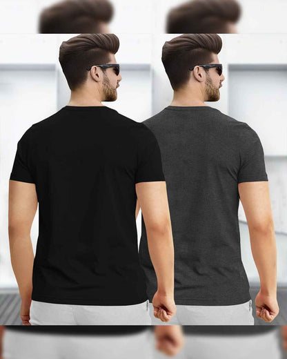(Pack Of 2) Hlaf Sleeve Floral Printed T-shirts / Black & Charcoal Black