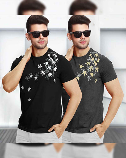 (Pack Of 2) Hlaf Sleeve Floral Printed T-shirts / Black & Charcoal Black
