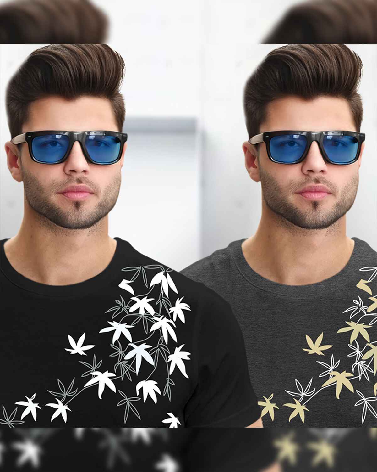 (Pack Of 2) Hlaf Sleeve Floral Printed T-shirts / Black & Charcoal Black
