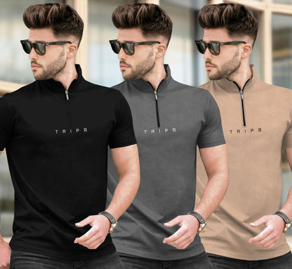 (Pack Of 3) High Neck Half Sleeve Plain T-shirts Multicolor
