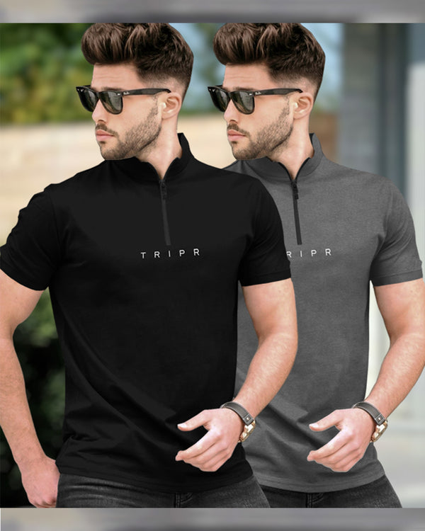 Mens High Neck Half Sleeve T-shirts (Pack Of 2) / Black & Dark Grey