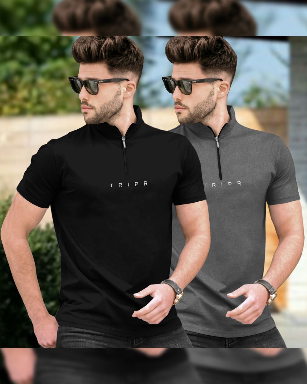 Mens High Neck Half Sleeve Black & Dark Grey T-shirts (Pack Of 2)