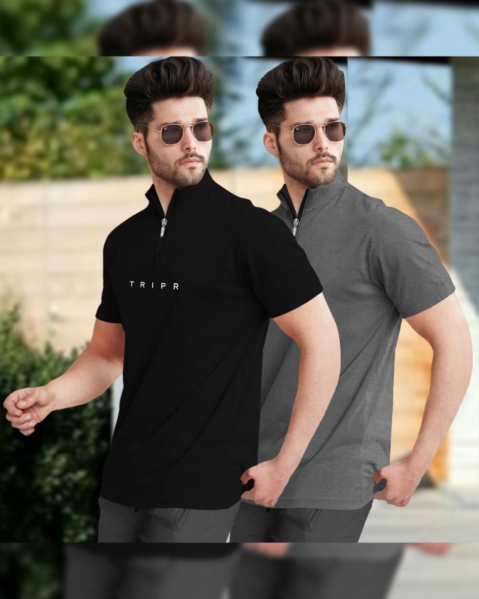 Mens High Neck Half Sleeve Black & Dark Grey T-shirts (Pack Of 2)