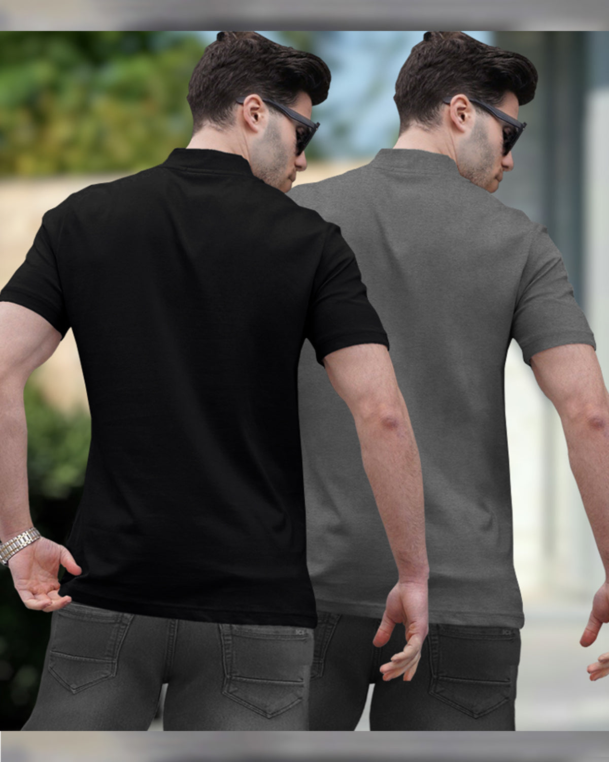 Mens High Neck Half Sleeve Black & Dark Grey T-shirts (Pack Of 2)