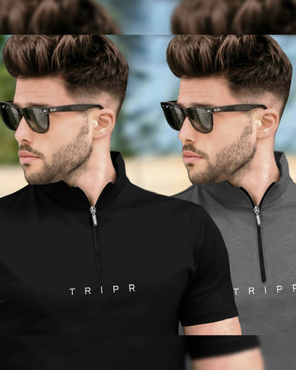Mens High Neck Half Sleeve Black & Dark Grey T-shirts (Pack Of 2)