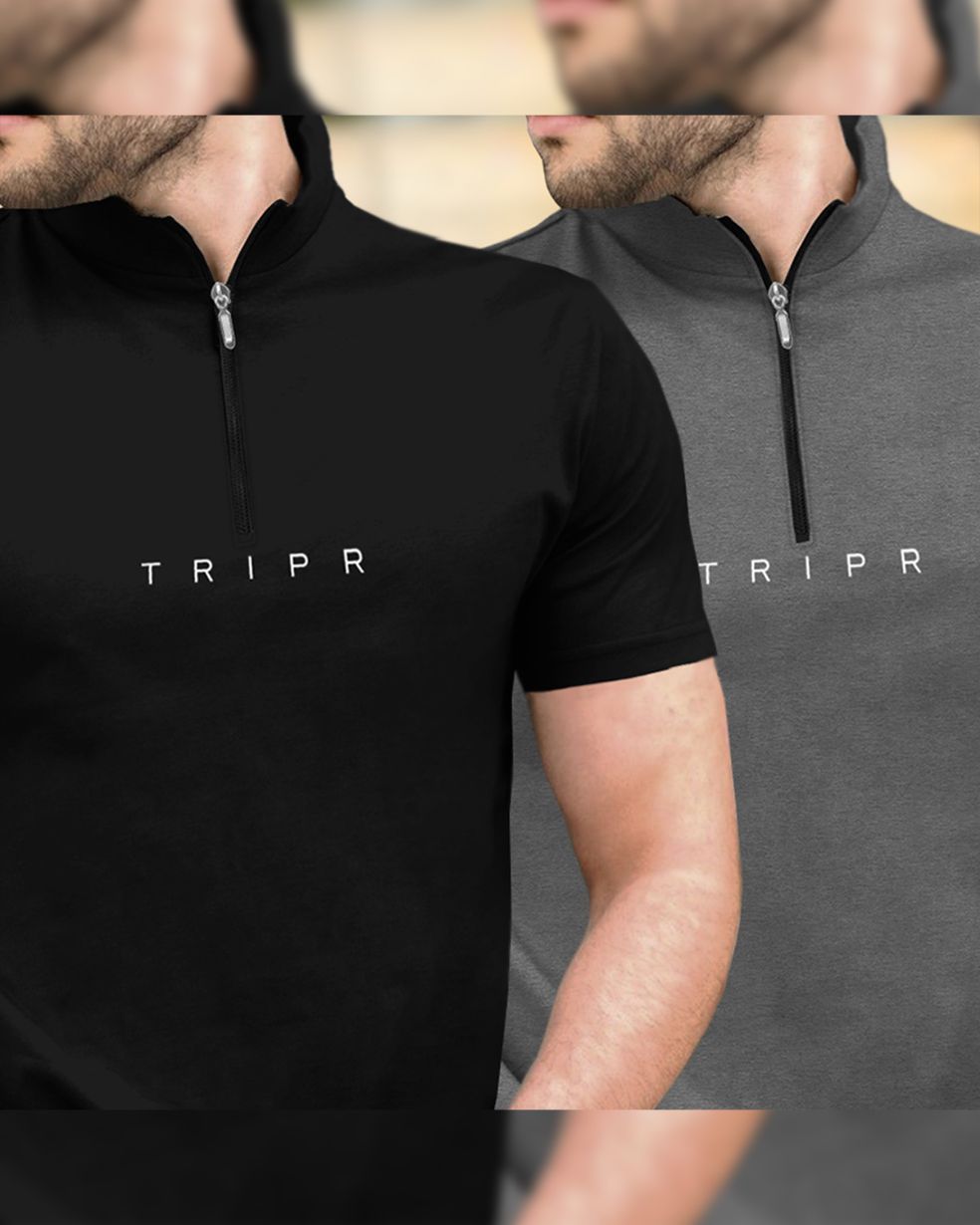 Mens High Neck Half Sleeve Black & Dark Grey T-shirts (Pack Of 2)
