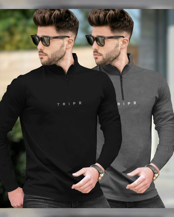 Mens High Neck Full Sleeve T-shirts (Pack Of 2) / Black & Dark Grey