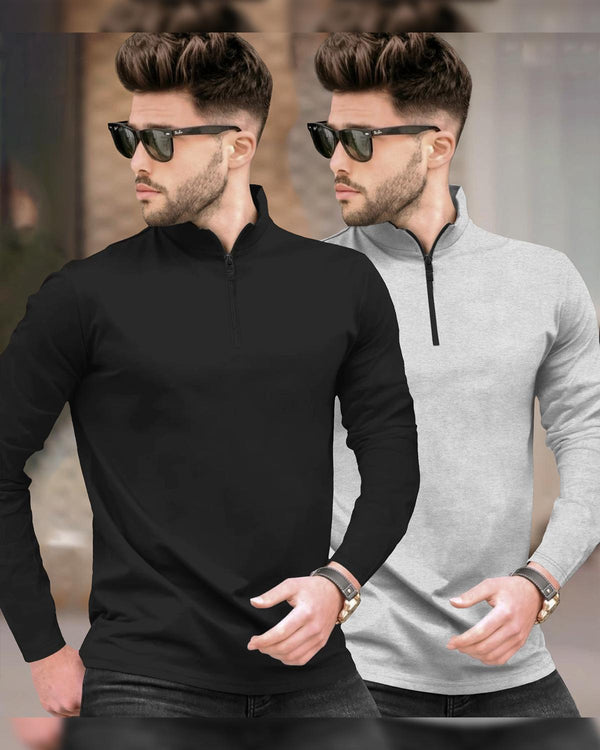 (Pack Of 2) Full Sleeve Men High Neck Plain T-shirts / Black & Grey