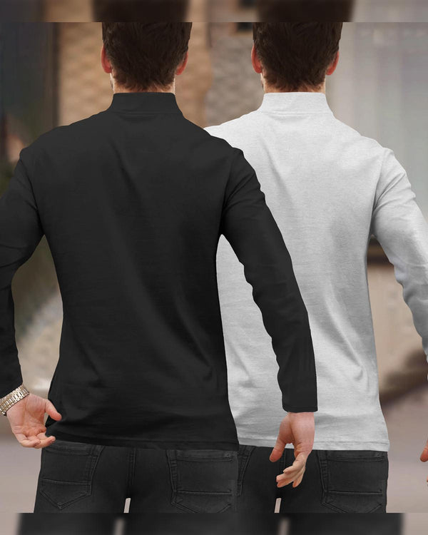 (Pack Of 2) Full Sleeve Men High Neck Plain T-shirts / Black & Grey