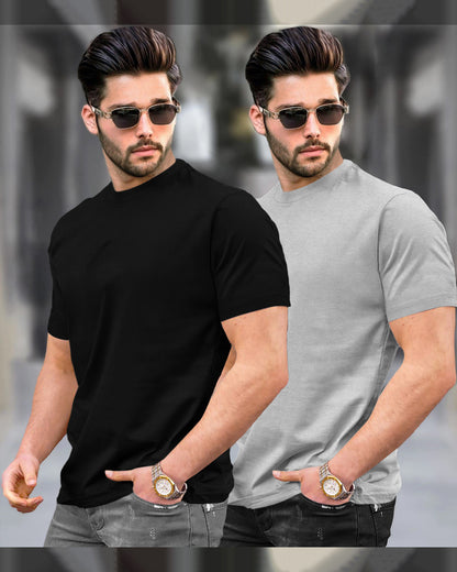 Mens Round Neck Half Sleeve Black & Grey T-shirts (Pack Of 2)