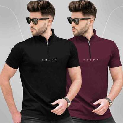 Pack Of 2 High Neck Logo Printed Half Sleeve Combo T-shirts - 13 Variants