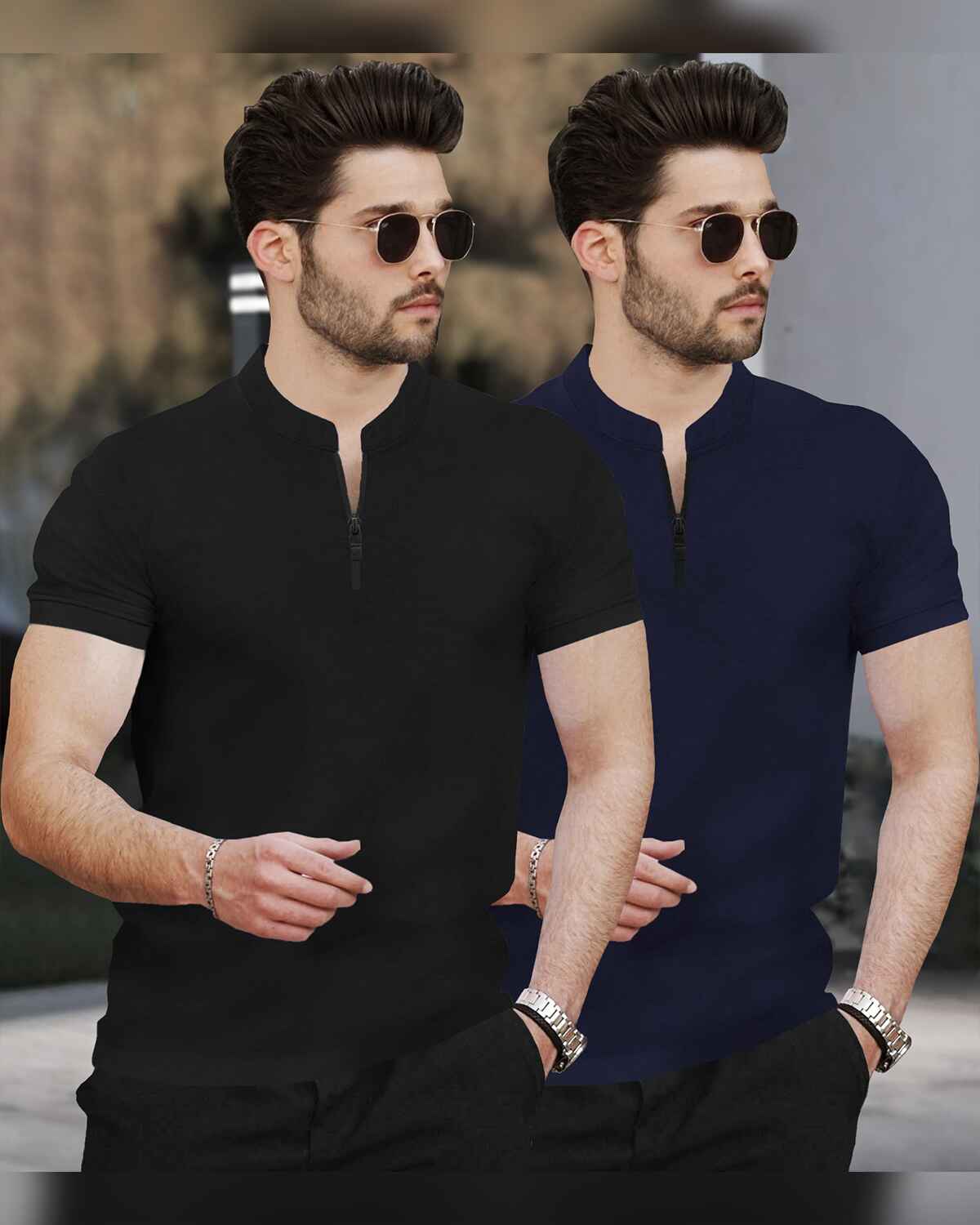 (Pack Of 2) Half Sleeve Men Henley Neck T-shirts / Black & Navy