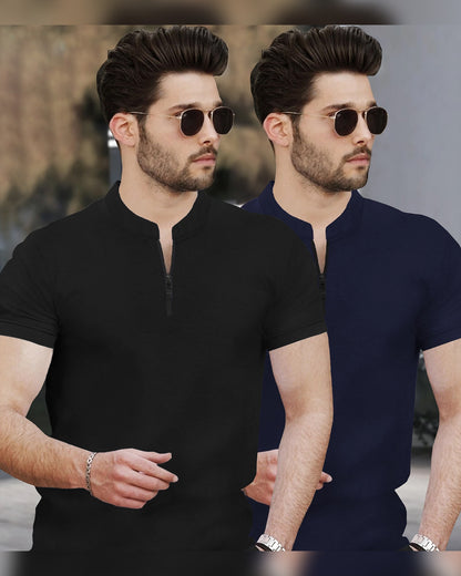 (Pack Of 2) Half Sleeve Men Henley Neck T-shirts / Black & Navy
