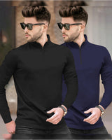 (Pack Of 2) Full Sleeve Men High Neck Plain T-shirts / Black & Navy